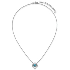 Sterling Silver Rhodium-plated Blue CZ Textured Clover Shape 16 inch with 1.5 inch Extension Necklace