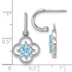 Sterling Silver Rhodium-plated Blue CZ Textured Removeable Clover J-Hoop Post Dangle Earrings