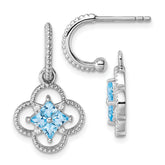 Sterling Silver Rhodium-plated Blue CZ Textured Removeable Clover J-Hoop Post Dangle Earrings