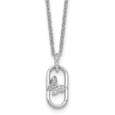 Sterling Silver Rhodium-plated CZ Oval with Butterfly 16 inch with 1.5 inch Extension Necklace