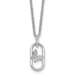 Sterling Silver Rhodium-plated CZ Oval with Butterfly 16 inch with 1.5 inch Extension Necklace