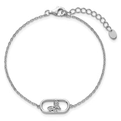 Sterling Silver Rhodium-plated CZ Oval with Butterfly 7 inch with 1 inch Extension Bracelet