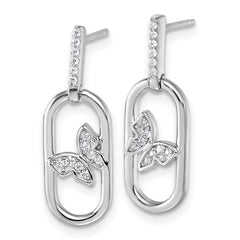 Sterling Silver Rhodium-plated CZ Oval Dangle With Butterfly Post Earrings