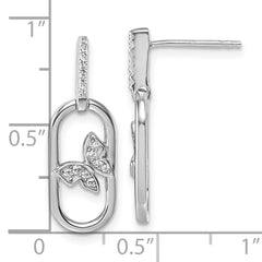 Sterling Silver Rhodium-plated CZ Oval Dangle With Butterfly Post Earrings