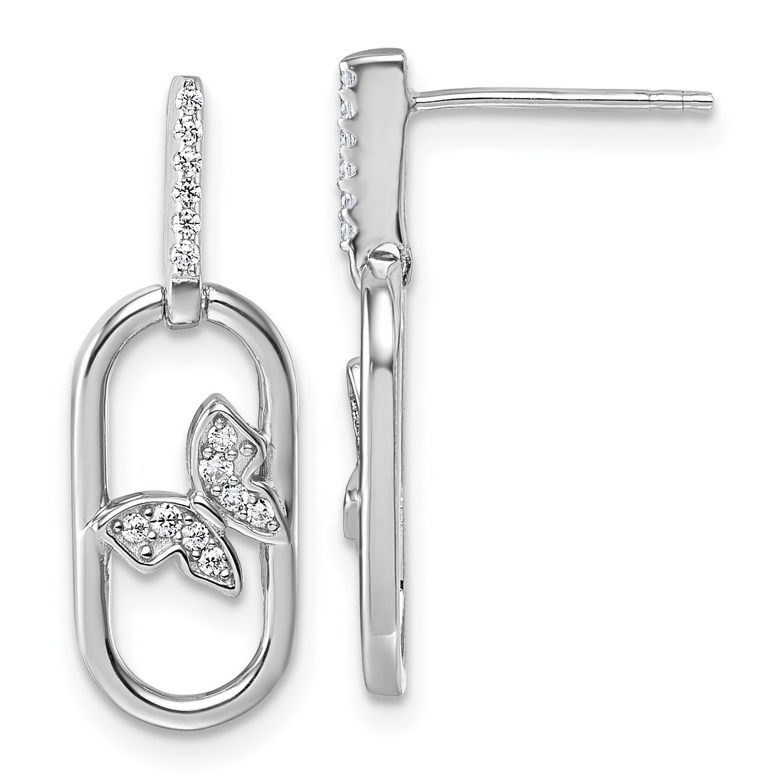 Sterling Silver Rhodium-plated CZ Oval Dangle With Butterfly Post Earrings