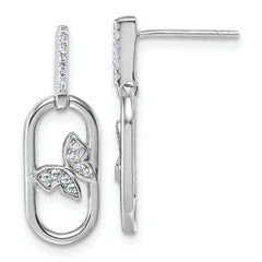 Sterling Silver Rhodium-plated CZ Oval Dangle With Butterfly Post Earrings