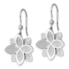 Sterling Silver Rhodium-plated Polished Brushed and Textured Flower Shepherd Hook Dangle Earrings