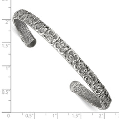 Sterling Silver Antiqued Floral 6.5mm Cuff Bangle Bracelet