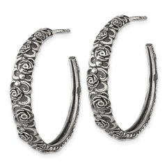 Sterling Silver Antiqued Graduated Floral 5.75 x 32mm C-Hoop Post Earrings