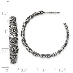 Sterling Silver Antiqued Graduated Floral 5.75 x 32mm C-Hoop Post Earrings