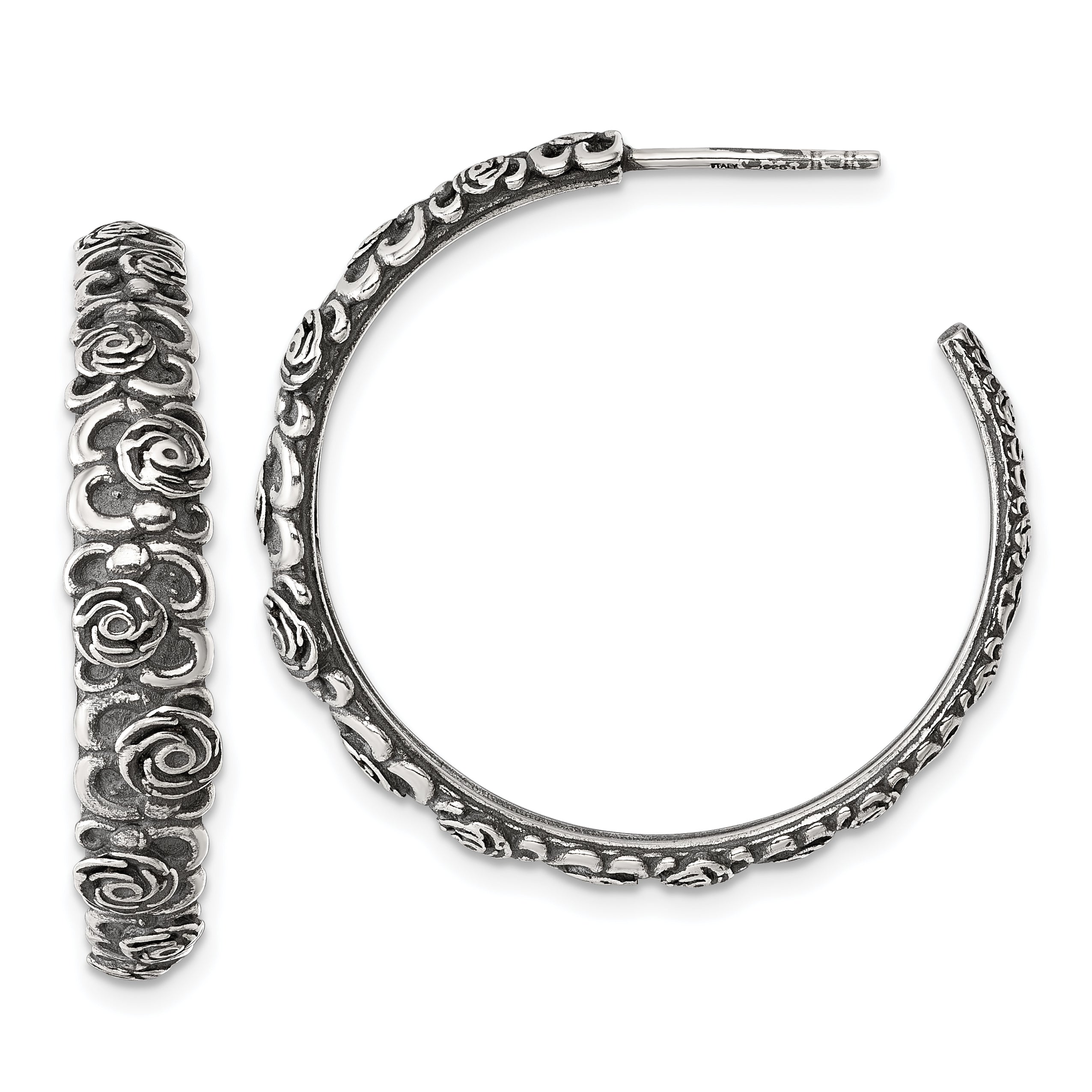 Sterling Silver Antiqued Graduated Floral 5.75 x 32mm C-Hoop Post Earrings