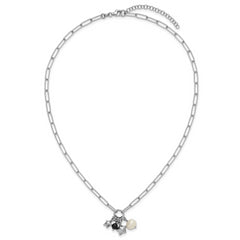 Sterling Silver Rhodium-plated Stars and White Freshwater Cultured Pearl and Black Acrylic Bead 17.75 inch with 2 inch Extender Paperclip Necklace