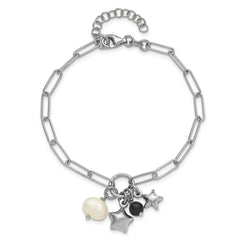 Sterling Silver Rhodium-plated Stars and White Freshwater Cultured Pearl and Black Acrylic Bead 6.75 inch with 1 inch Extender Paperclip Bracelet