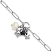 Sterling Silver Rhodium-plated Stars and White Freshwater Cultured Pearl and Black Acrylic Bead 6.75 inch with 1 inch Extender Paperclip Bracelet