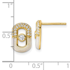 Sterling Silver Gold-tone CZ and Champagne Enamel Rectangle Post Earrings