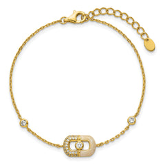 Sterling Silver Gold-tone CZ and Champagne Enamel Rectangle 7 inch with 0.5 inch Extension Bracelet