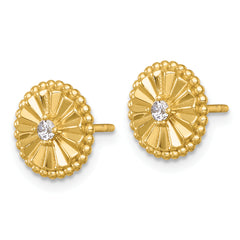 Sterling Silver Gold-tone Polished Beaded and Textured CZ Circle Post Earrings
