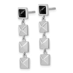 Sterling Silver Rhodium-plated Polished Black CZ and Pyramid Squares Dangle Post Earrings