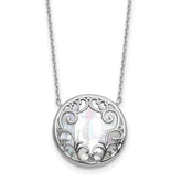 Sterling Silver Rhodium-plated Polished Filigree Mother of Pearl Filigree Circle 16 Inch with 2 Inch Extension Necklace
