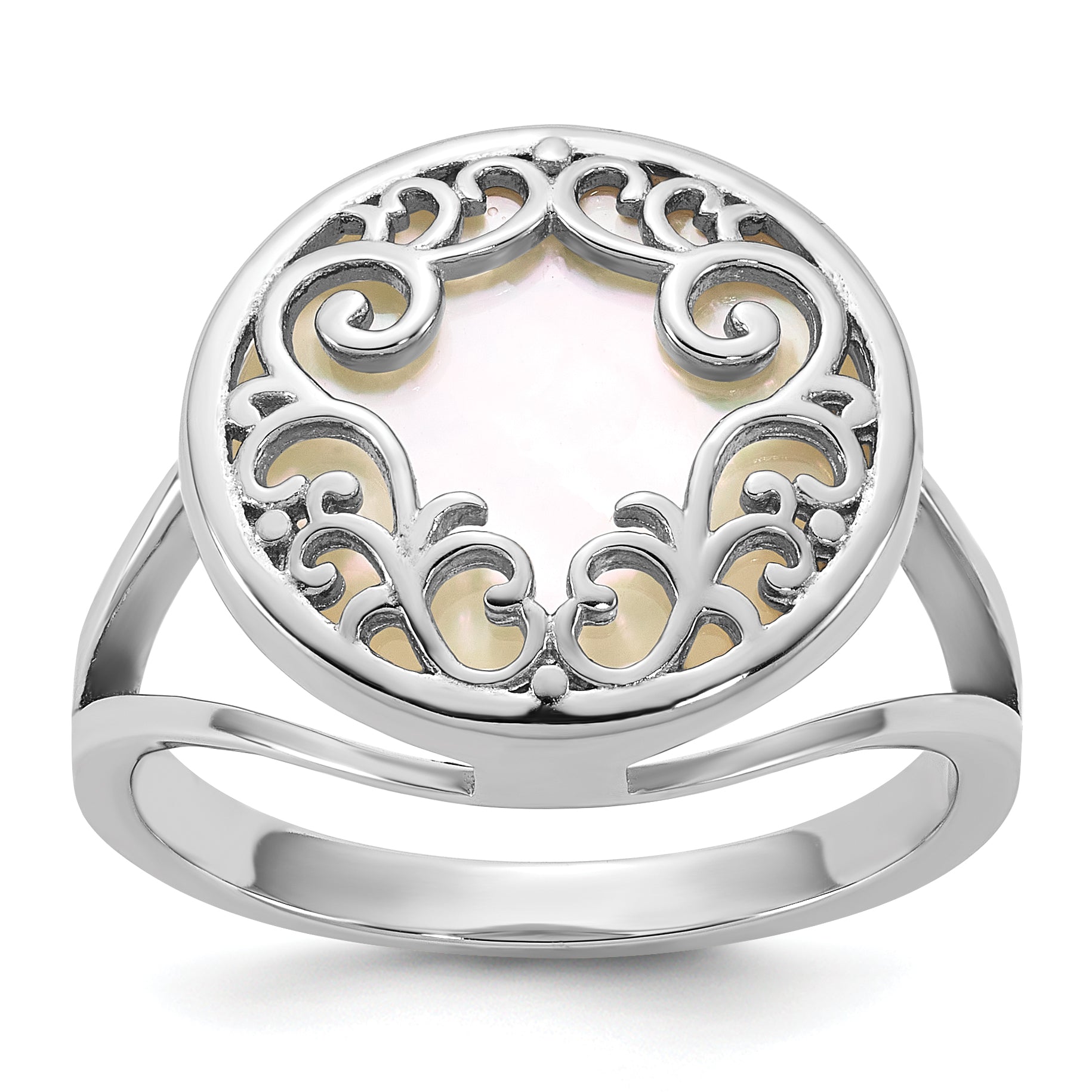 Sterling Silver Rhodium-plated Polished Filigree Mother of Pearl Filigree Circle Size 8 Ring