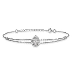 Sterling Silver Rhodium-plated Polished Fancy Two-strand CZ Teardrop Halo 7 Inch with 1 Inch Extension Bracelet