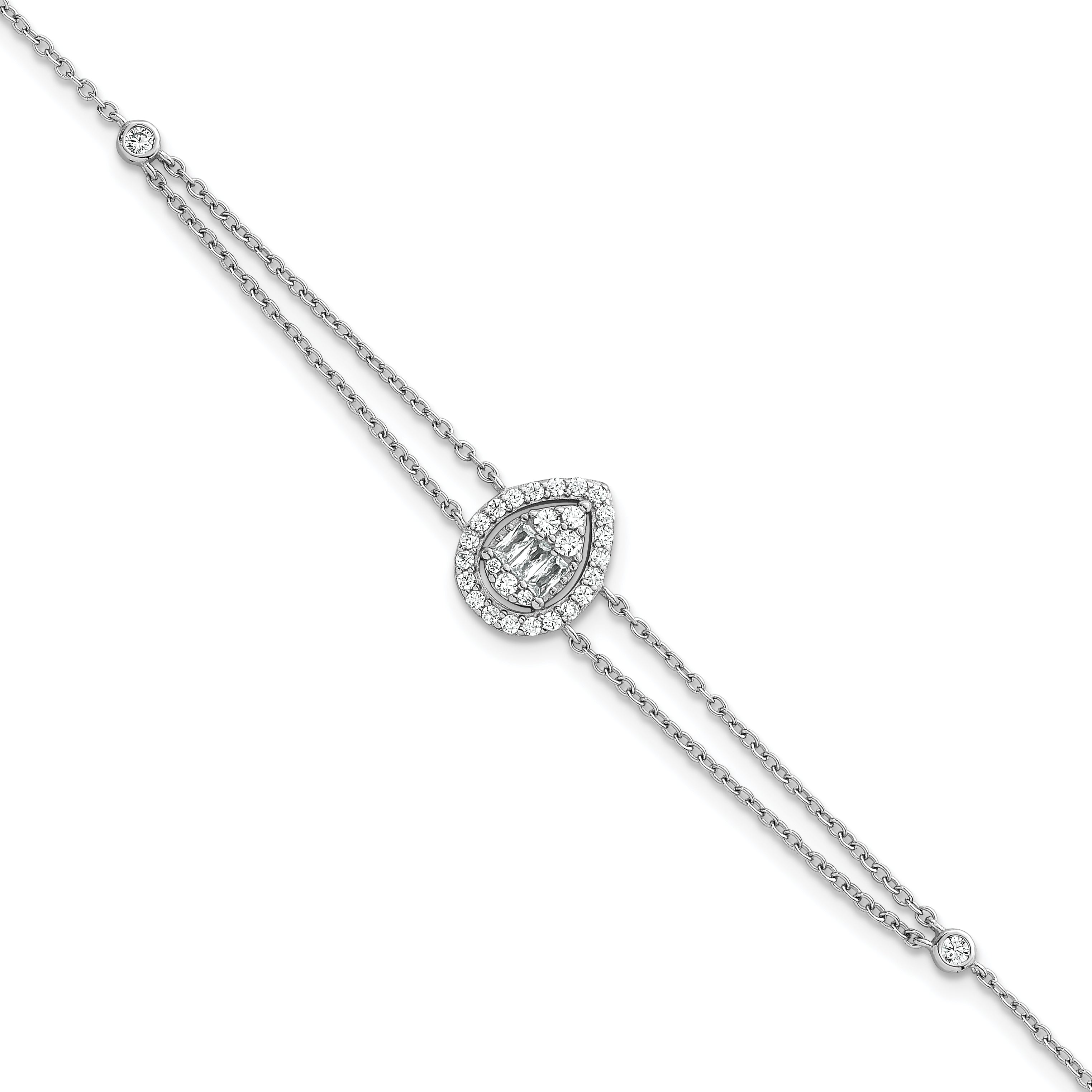 Sterling Silver Rhodium-plated Polished Fancy Two-strand CZ Teardrop Halo 7 Inch with 1 Inch Extension Bracelet