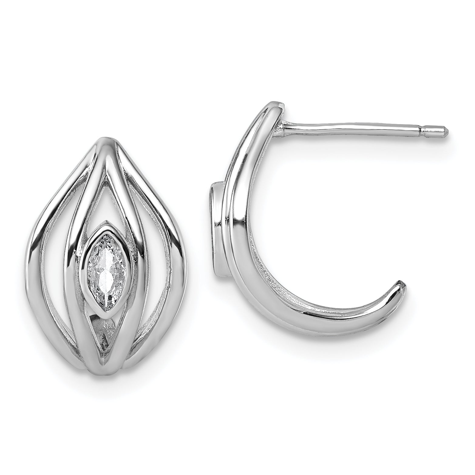Sterling Silver Rhodium-plated Marquise CZ Polished Oval J-Hoop Post Earrings