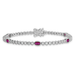 Sterling Silver Rhodium-plated Polished and Beaded Fancy Oval Red and Round White CZ 7 Inch Bracelet