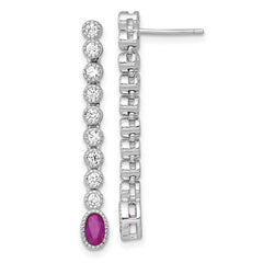 Sterling Silver Rhodium-plated Polished and Beaded Oval Red and Round White CZ Dangle Post Earrings