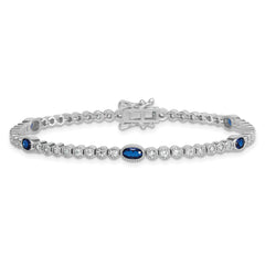 Sterling Silver Rhodium-plated Polished and Beaded Fancy Oval Blue and Round White CZ 7 Inch Bracelet