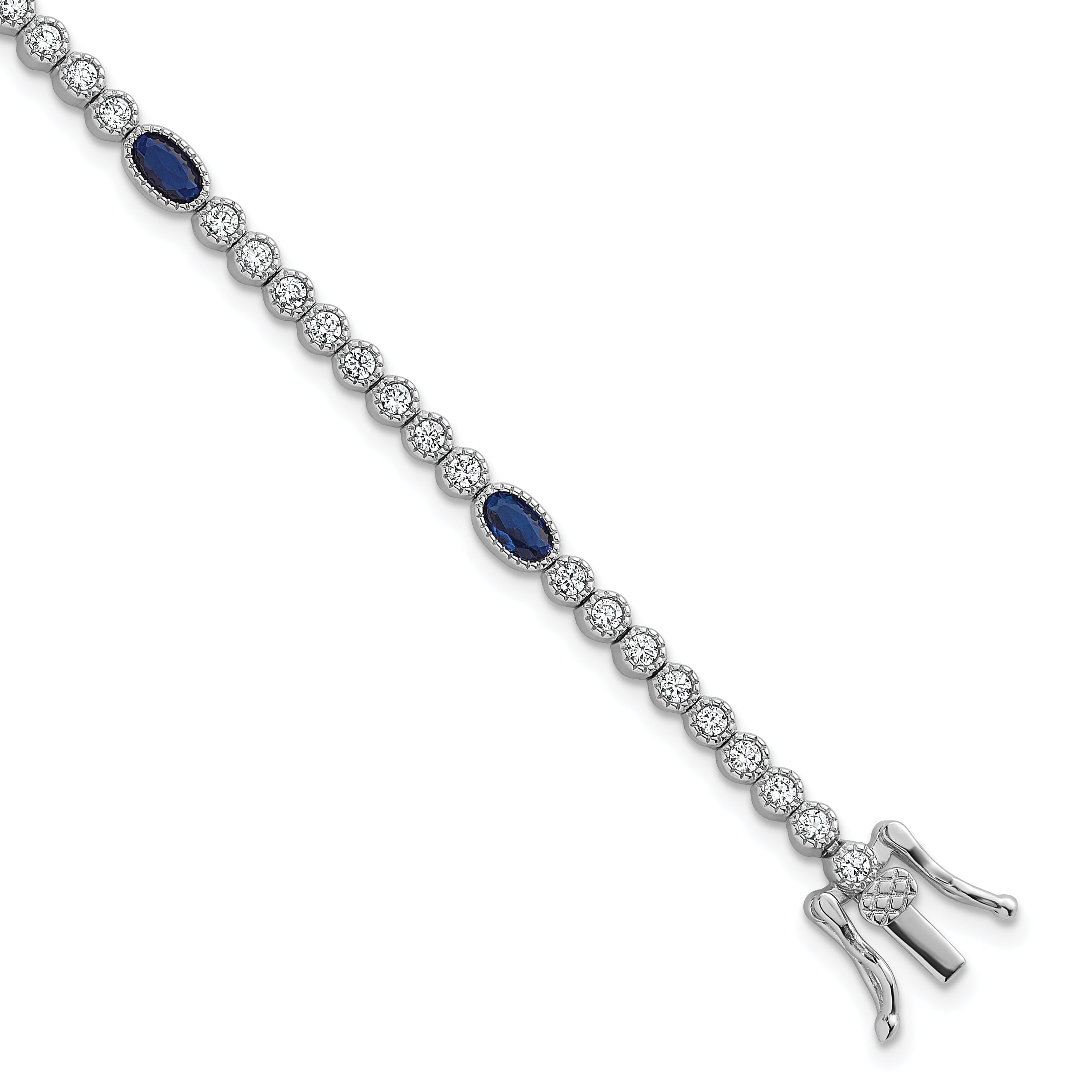 Sterling Silver Rhodium-plated Polished and Beaded Fancy Oval Blue and Round White CZ 7 Inch Bracelet