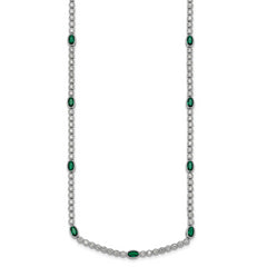 Sterling Silver Rhodium-plated Polished and Beaded Fancy Oval Green and Round White CZ 17 Inch Necklace