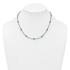 Sterling Silver Rhodium-plated Polished and Beaded Fancy Oval Green and Round White CZ 17 Inch Necklace
