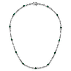 Sterling Silver Rhodium-plated Polished and Beaded Fancy Oval Green and Round White CZ 17 Inch Necklace