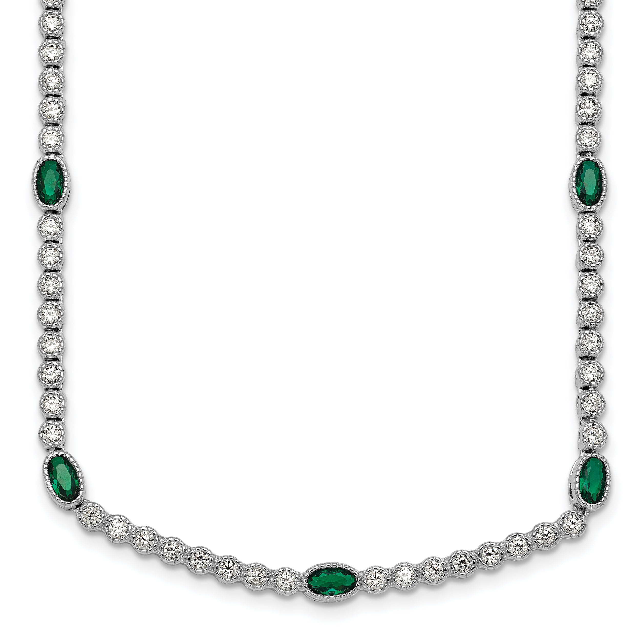 Sterling Silver Rhodium-plated Polished and Beaded Fancy Oval Green and Round White CZ 17 Inch Necklace