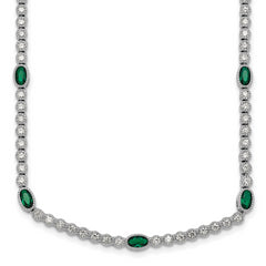 Sterling Silver Rhodium-plated Polished and Beaded Fancy Oval Green and Round White CZ 17 Inch Necklace