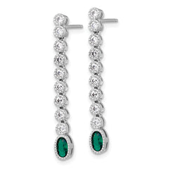 Sterling Silver Rhodium-plated Polished and Beaded Oval Green and Round White CZ Dangle Post Earrings