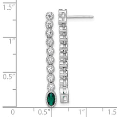 Sterling Silver Rhodium-plated Polished and Beaded Oval Green and Round White CZ Dangle Post Earrings