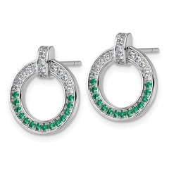 Sterling Silver Rhodium-plated White and Green CZ Open Circle Post Earrings