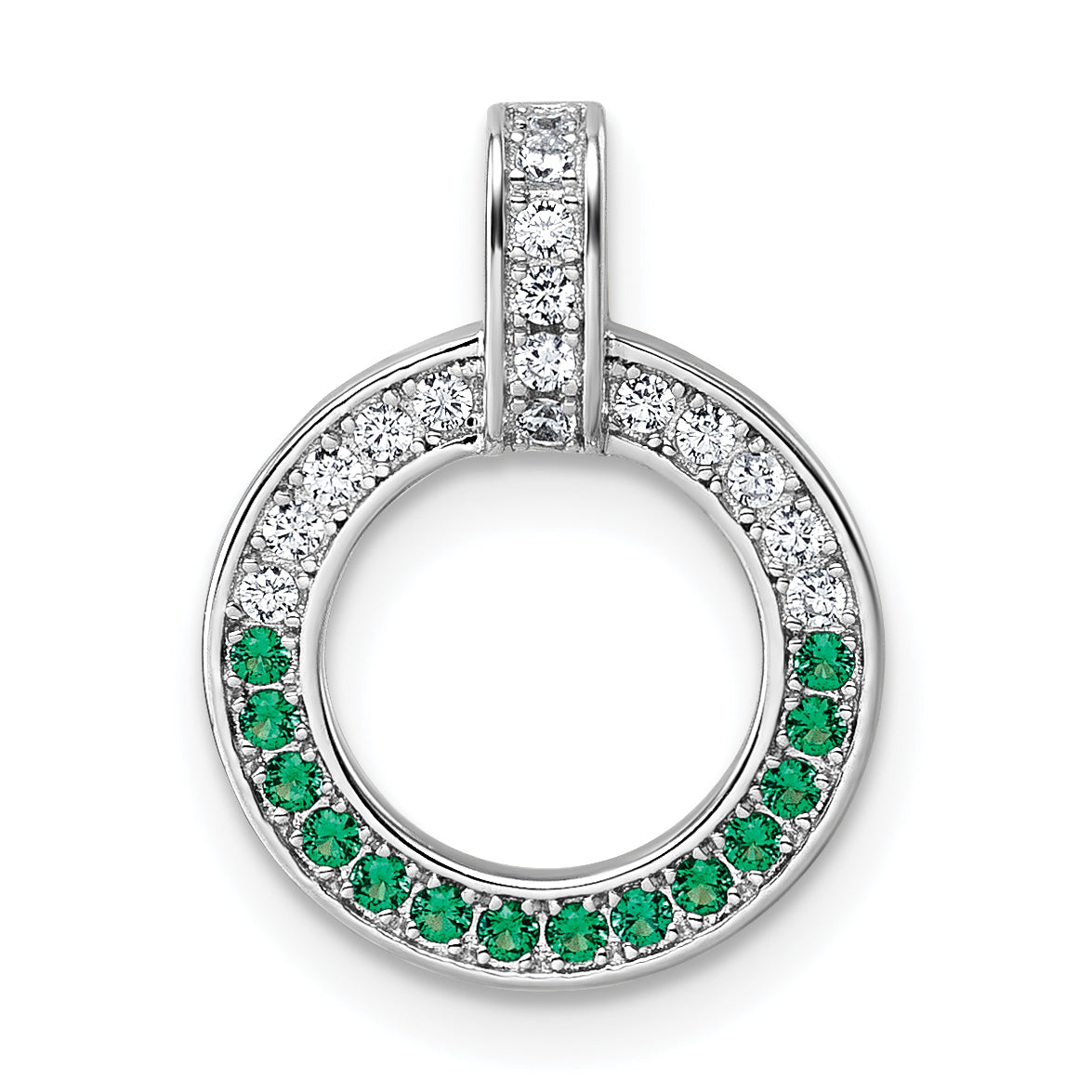 Sterling Silver Rhodium-plated White and Green CZ Open Circle Pendant