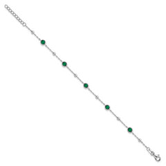 Sterling Silver Rhodium-plated Polished and Beaded Bezel-set Round Green CZ 7 Inch with 1 Inch Extension Bracelet