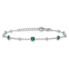 Sterling Silver Rhodium-plated Polished and Beaded Bezel-set Round Green CZ 7 Inch with 1 Inch Extension Bracelet