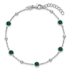Sterling Silver Rhodium-plated Polished and Beaded Bezel-set Round Green CZ 7 Inch with 1 Inch Extension Bracelet