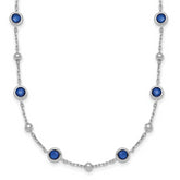 Sterling Silver Rhodium-plated Polished and Beaded Bezel-set Round Blue CZ 16 Inch with 2 Inch Extension Necklace