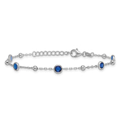 Sterling Silver Rhodium-plated Polished and Beaded Bezel-set Round Blue CZ 7 Inch with 1 Inch Extension Bracelet