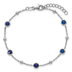 Sterling Silver Rhodium-plated Polished and Beaded Bezel-set Round Blue CZ 7 Inch with 1 Inch Extension Bracelet
