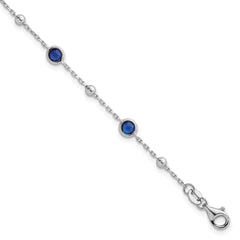Sterling Silver Rhodium-plated Polished and Beaded Bezel-set Round Blue CZ 7 Inch with 1 Inch Extension Bracelet