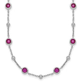 Sterling Silver Rhodium-plated Polished and Beaded Bezel-set Round Red CZ 16 Inch with 2 Inch Extension Necklace