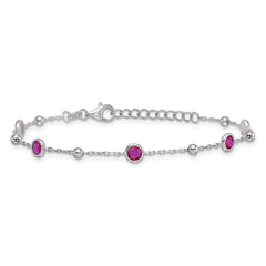 Sterling Silver Rhodium-plated Polished and Beaded Bezel-set Round Red CZ 7 Inch with 1 Inch Extension Bracelet