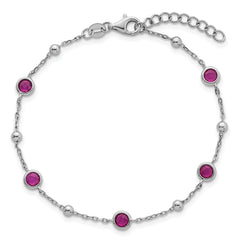 Sterling Silver Rhodium-plated Polished and Beaded Bezel-set Round Red CZ 7 Inch with 1 Inch Extension Bracelet